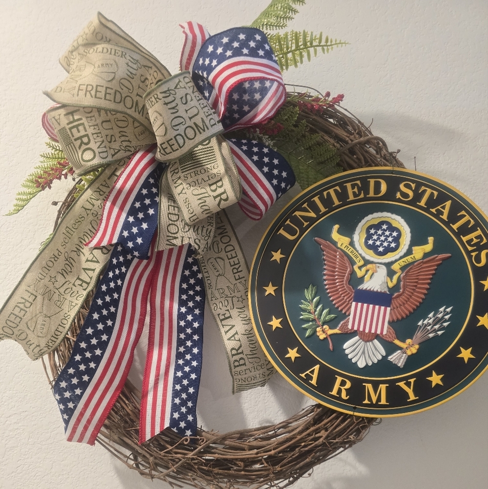 United States Army Wreath with Patriotic Ribbon Grapevine